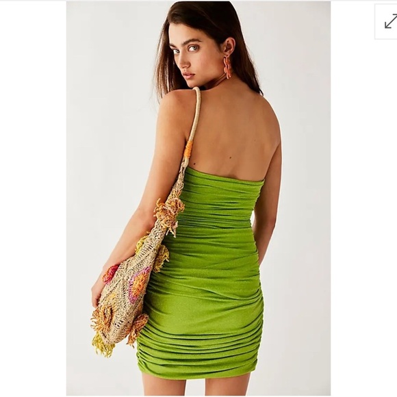Baobab Irene Mini Dress Strapless Draped Green Shimmer Small Bodycon Chic Party - Picture 3 of 13